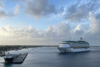 Navio de cruzeiro se aproxima de um píer em um dia nublado.
