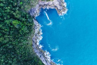 Vista aérea de uma floresta densa junto a uma costa rochosa e ao mar azul no Brasil